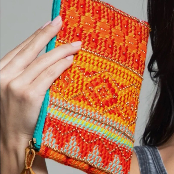 Handbeaded Bohemian Vibrant Orange and Teal Women's Clutch NWT - Picture 6 of 12